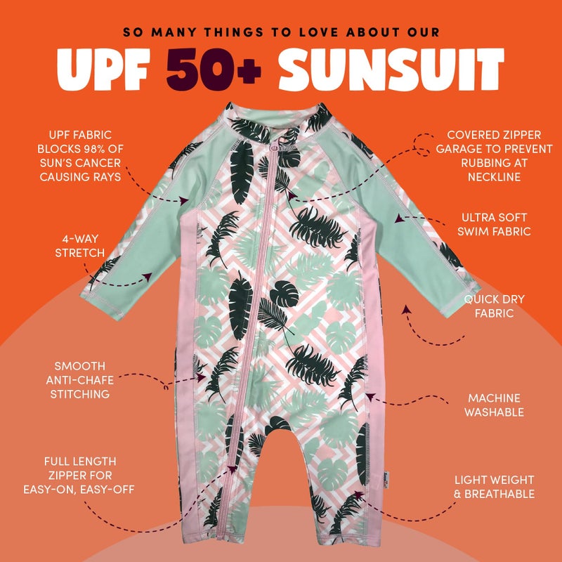 SwimZip Little Girl Long Sleeve Sunsuit with UPF 50 Sun Protection,Palm,0-6 Month - Image 2